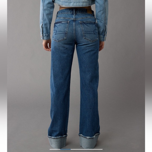 AE Stretch High-Waisted Stovepipe Cuffed Denim Jean Wide Leg Medium Wash 0R - Picture 2 of 16